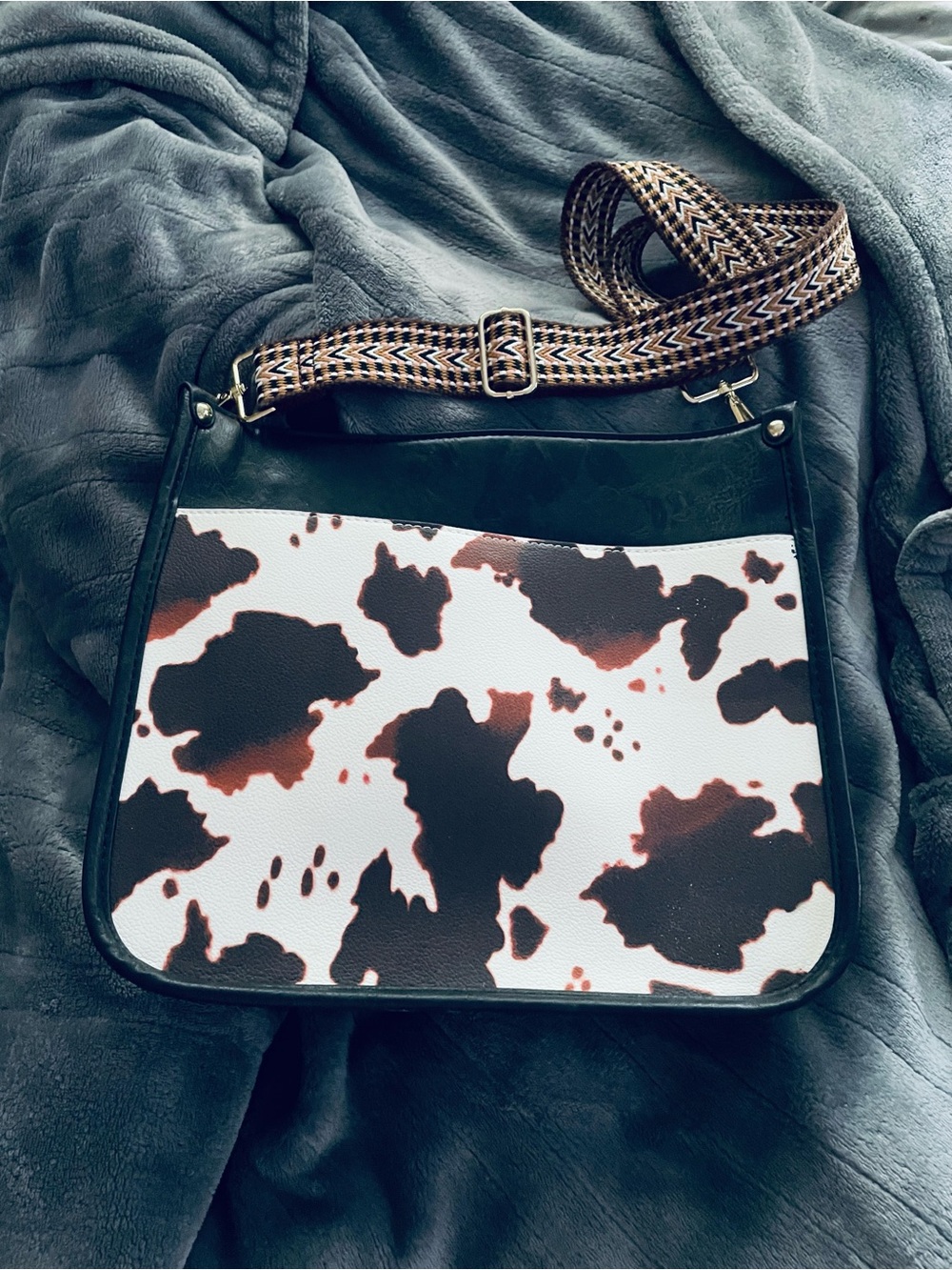 Montana West Black, White and Brown Cowhide-Print Crossbody with Patterned Strap
